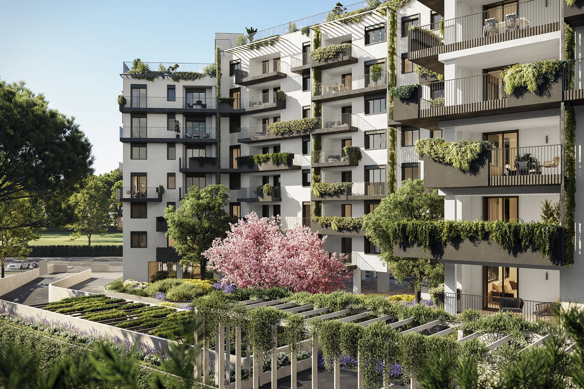 Vista esterna residenze Bombay New Living con terrazze e logge private all’EUR Roma