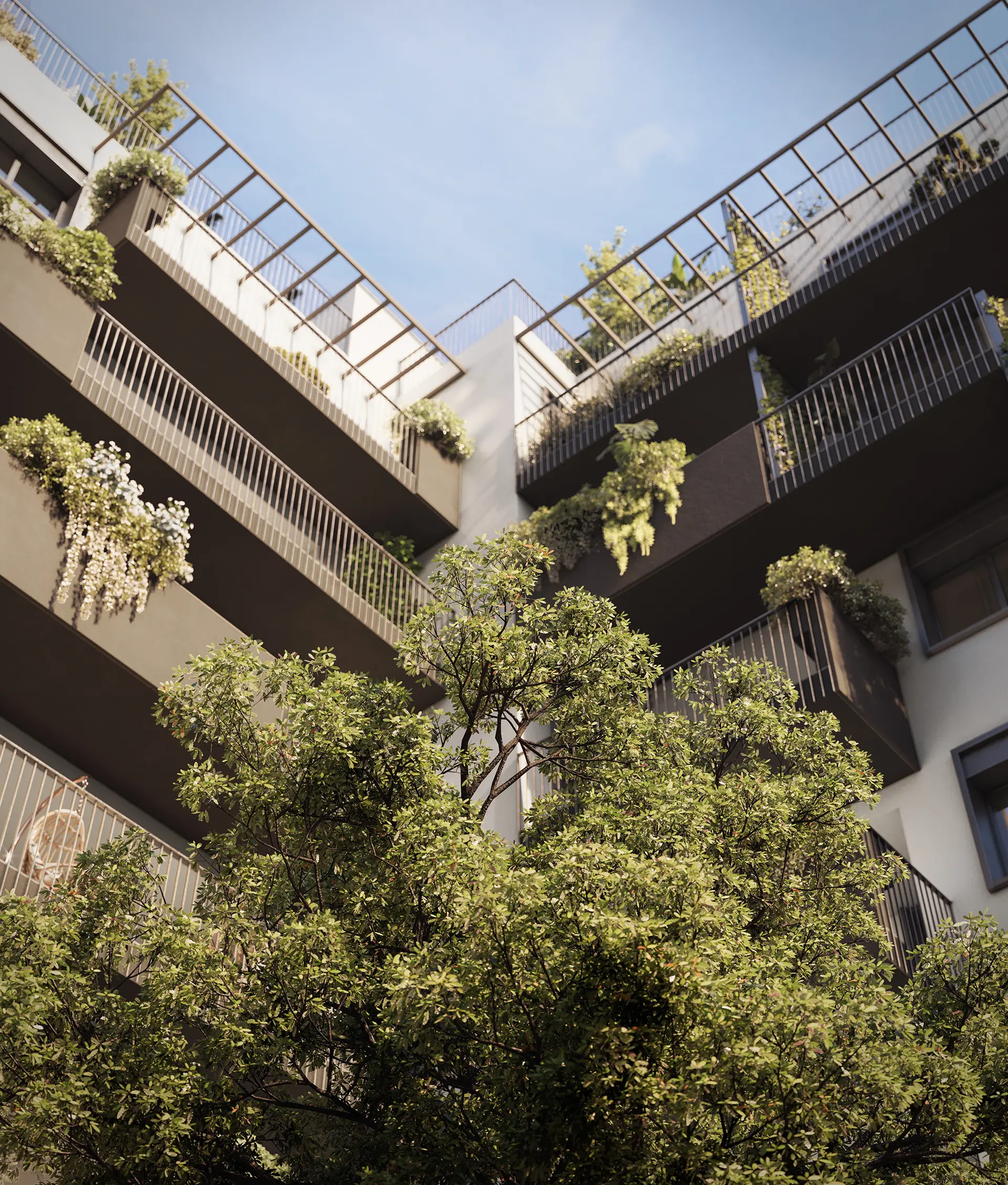 Facciata Bombay New Living con affaccio sul parco condominiale privato a Roma EUR