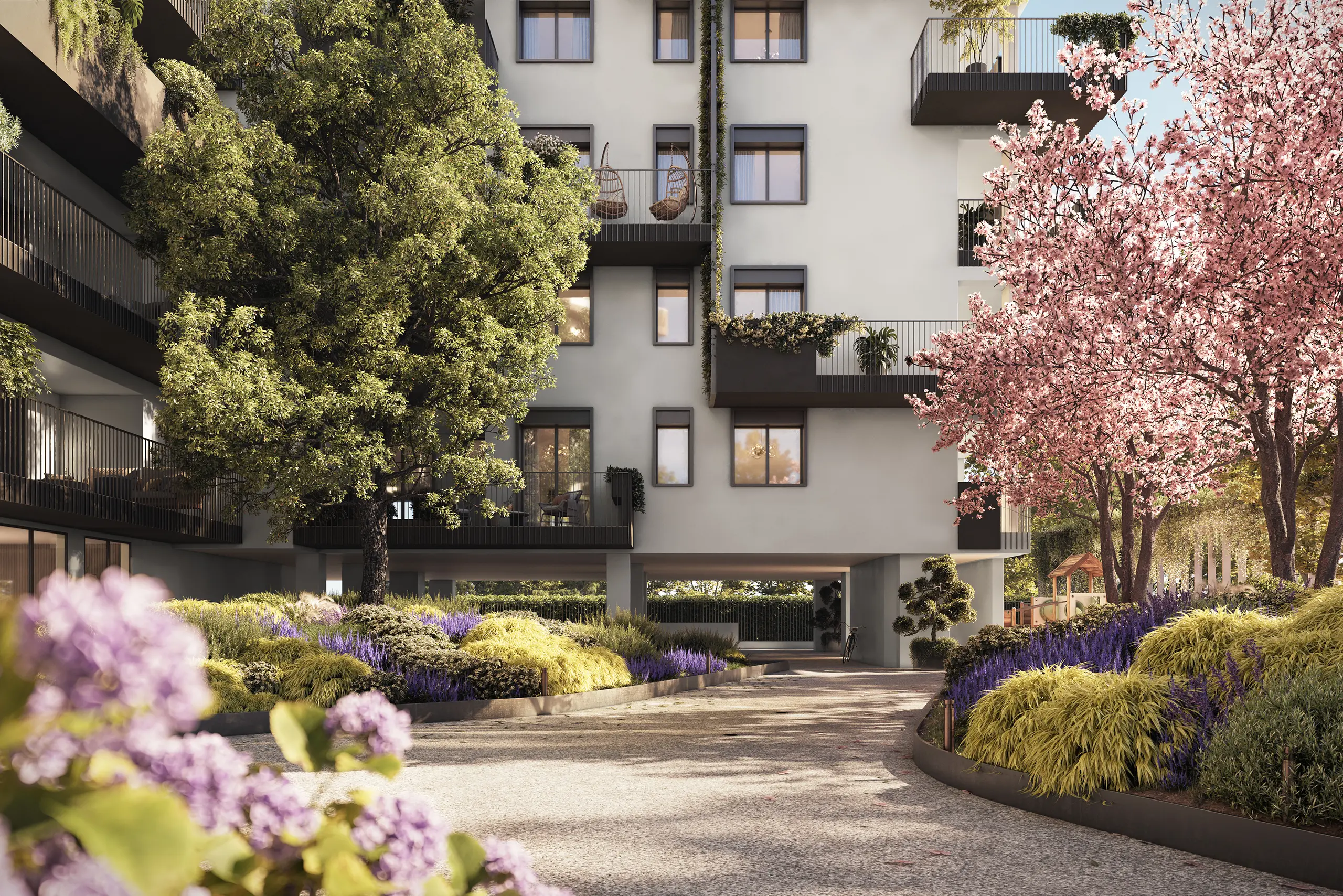 Vista esterna residenze Bombay New Living con terrazze e logge private all’EUR Roma