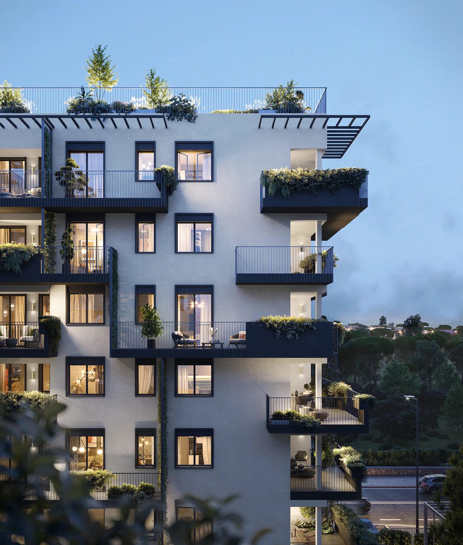 facciata esterna con terrazze e logge bombay new living roma eur crepuscolo